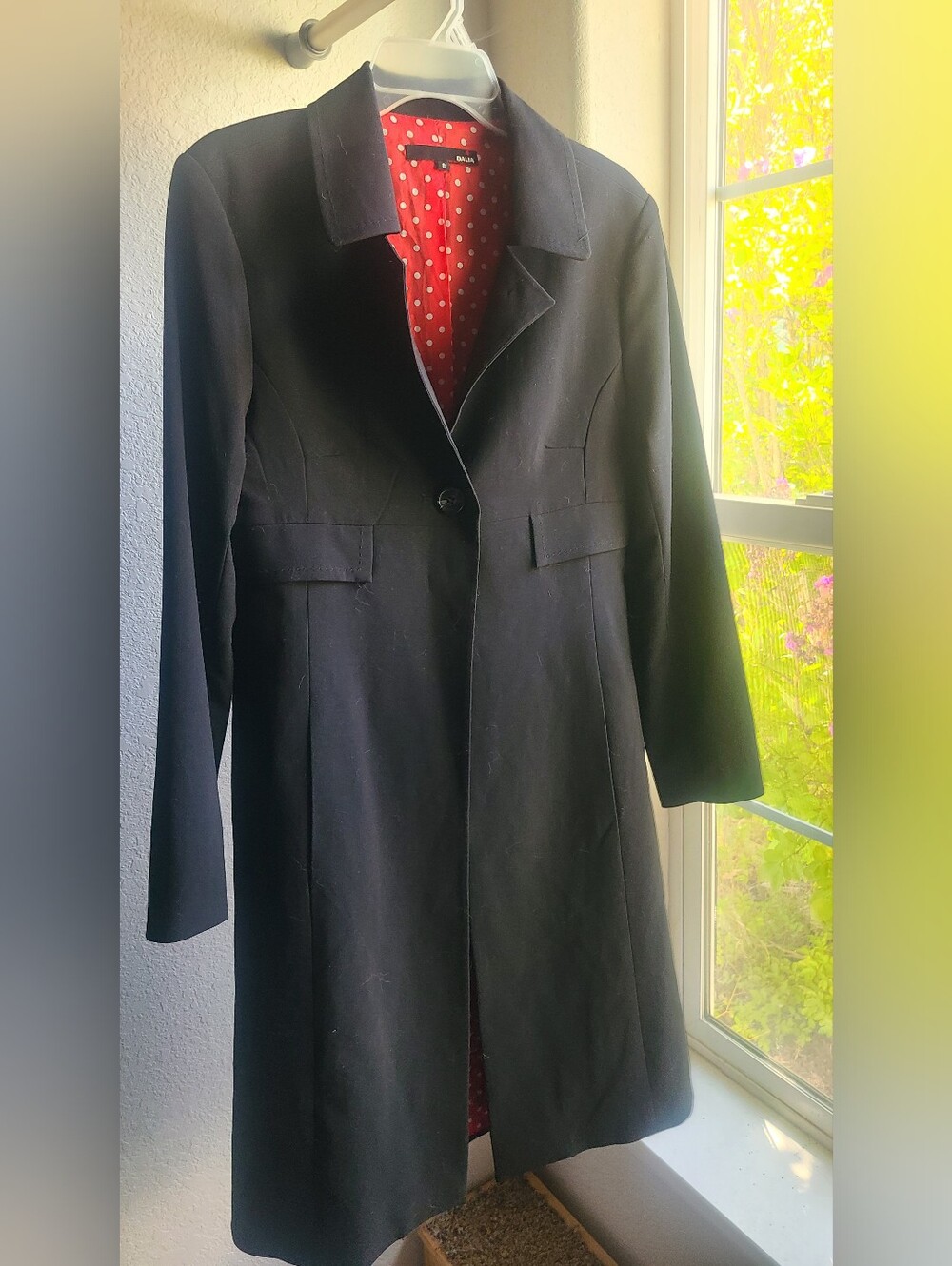 Dalia Black Trench Coat with Red Polka Dot Lining